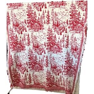 Brooks Brothers Throw Blanket 50" x 70" White Red Chenille Cabin Trees Fringe